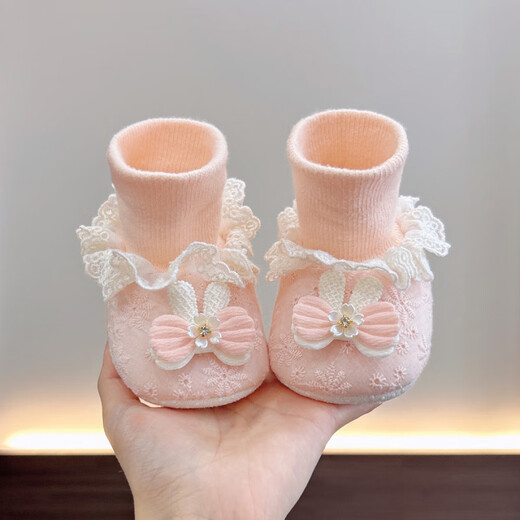 Spring, Autumn and Winter 612 Months Baby Girl Shoes and Socks 1 Year Old Baby Princess Soft Soled Non-Falling Shoes with Velvet Front Shoes to Keep Warm Beige Cotton Pink Gauze Rabbit Socks Shoes - Lace Six-petal Flower 11 11S Inner Length 10 Points 5cm Recommended for 0-5 Months