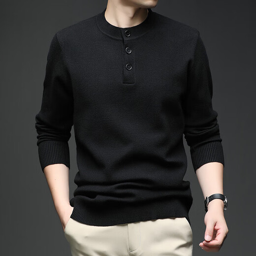 丨Lilang丨Men's cardigan Henry collar cardigan autumn and winter thickened casual men's round neck sweater sweater black M 165 (100-120Jin Jin equals 0.5 kg)
