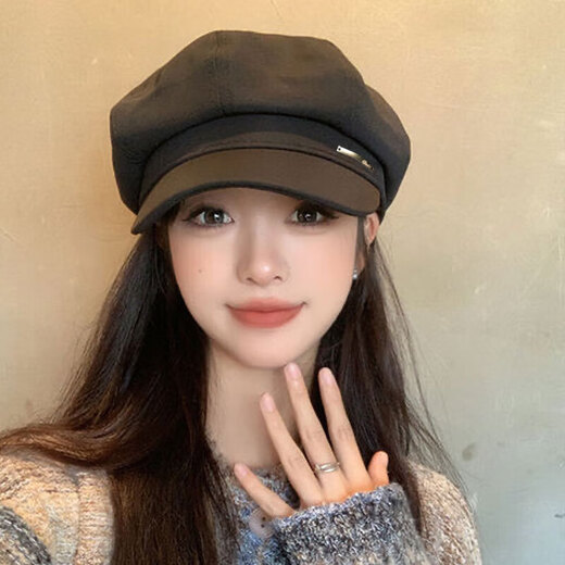 Haofanjie beret hat octagonal hat for women winter black autumn and winter fashionable big head circumference style small face painter hat octagonal beret black adjustable face small one size (head circumference 54-59cm)