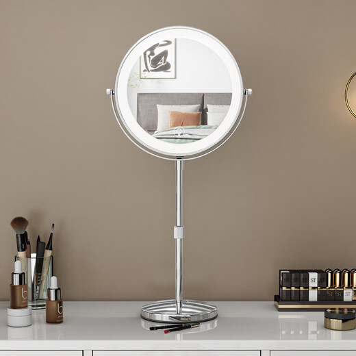 Large LED makeup mirror that can be raised and lowered. Telescopic double-sided illuminated mirror. Desktop magnifying mirror. Desktop beauty mirror can be adjusted in height. 9 inches. Silver. European and American models. 5x magnification.