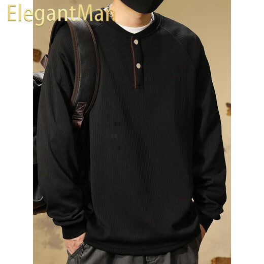ElegantMan Autumn and Winter American Henry Collar Sweatshirt Men's 2025 Autumn New Retro Loose Top Men's Casual Bottoming Shirt Trendy Black M_ -130Jin Jin is equal to 0.5 kg