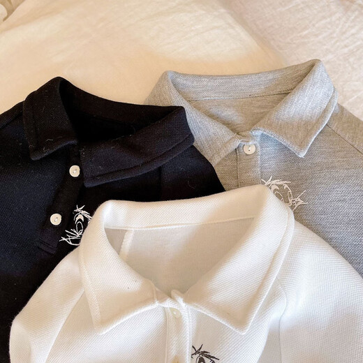 Boys long-sleeved polo shirt spring and autumn children's cartoon embroidery handsome casual lapel top Korean style loose sweatshirt white 110