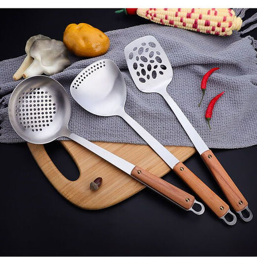 Fantasy German imported quality 304 stainless steel household cooking spatula, soup spoon, frying spatula, colander, wooden handle kitchen utensil set, black wooden handle five-piece set