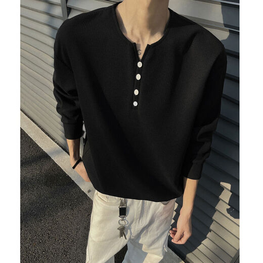 Jingyan selects waffle henley collar T-shirt bottoming shirt for men in spring and autumn trendy brand cleanf long-sleeved white black upgraded model M M95 to 115Jin Jin is equal to 0.5 kg and can be worn