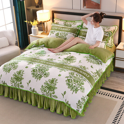 Nanjiren (Nanjiren) Jiangsu Nantong milk velvet four-piece set double-sided velvet new Chinese style French velvet baby velvet coral velvet winter quilt cover milk velvet - Monet Garden high weight thick warm bed skirt style 2.0m four-piece set - quilt cover 220x240cm