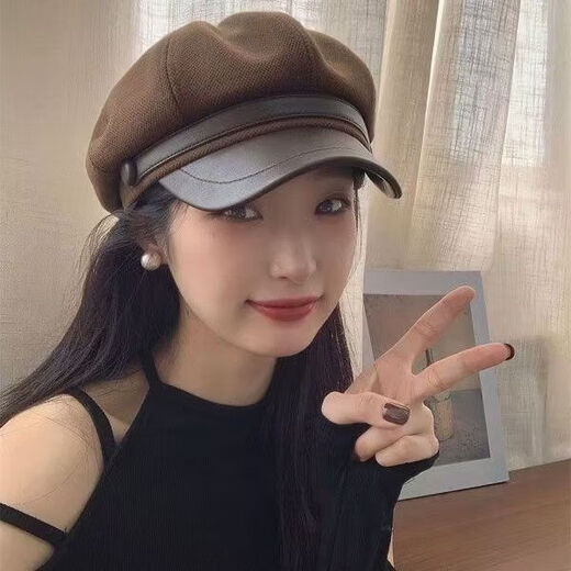 Kefuyan autumn and winter hat women's beret woolen retro trend new octagonal hat versatile face small duck tongue painter's hat woolen octagonal hat-brown gold label style M head circumference 54-62c adjustable