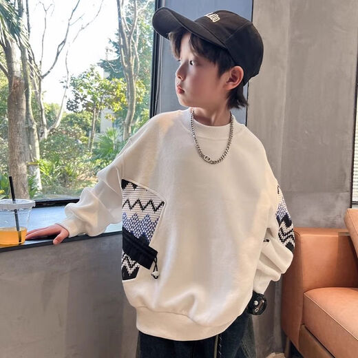 Boys' Autumn Trendy Brand Sweaters 2024 New Children's Spring and Autumn Tops Medium and Large Children's Autumn Bottoming Shirts Fashionable White 120 120cm