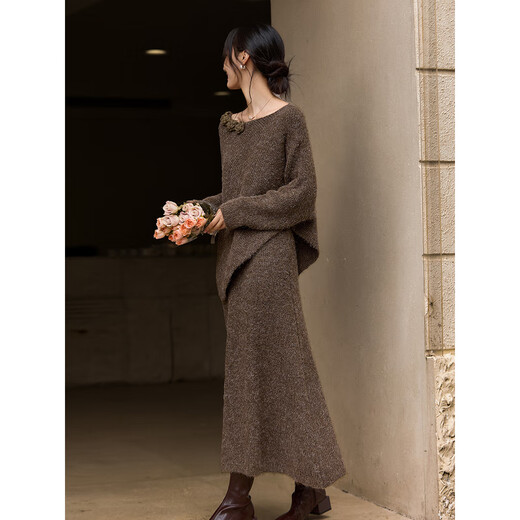 Fanci Manka Colored Maillard Suit Women's 25th Winter New Style One-piece Sweater Half-length Skirt Set 30323 Brown One Size