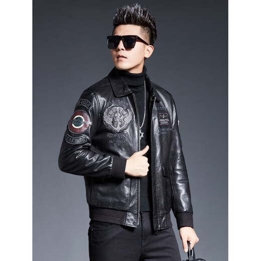 ARMANI EXCHANGE Armani 2025 new sheep leather jacket men's motorcycle jacket lapel B6 air force flight embroidered leather jacket spring and autumn black silk cotton + lamb fur collar L 110-125Jin Jin equals 0.5 kg