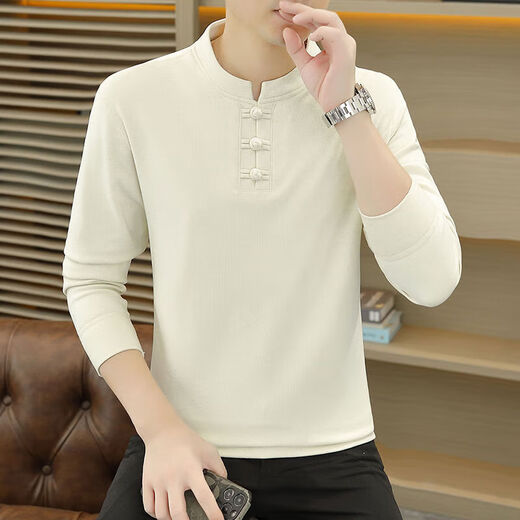 Jingyan selects stand-up collar long-sleeved T-shirt for men in spring, autumn and winter Chinese style Henry collar polo shirt with buckle inside 8806 gray M M