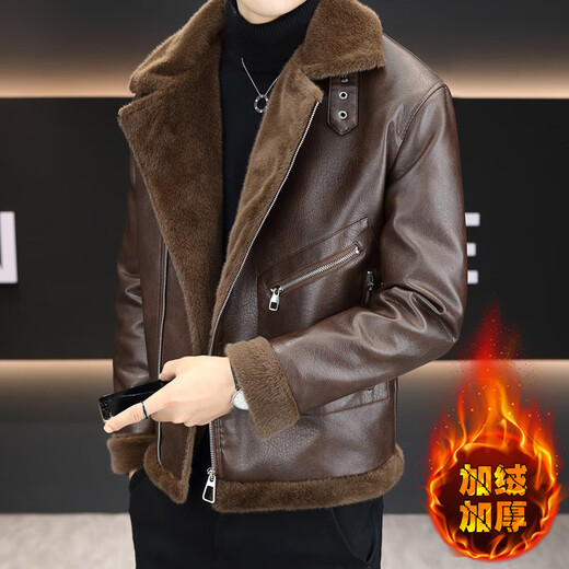 NASALIKE2025 winter velvet thickened leather jacket men's new jacket fur integrated lapel warm motorcycle leather jacket 5999 black velvet L 90-110Jin Jin is equal to about 0.5 kg