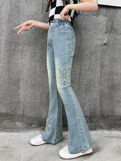 Girls' Butterfly Embroidered Flare Pants 2025 Autumn and Winter New Retro Milf Jeans for Big Kids with Velvet Plus SN5236 Blue Spring and Autumn Style MEF Butterfly Flared Pants cm 120