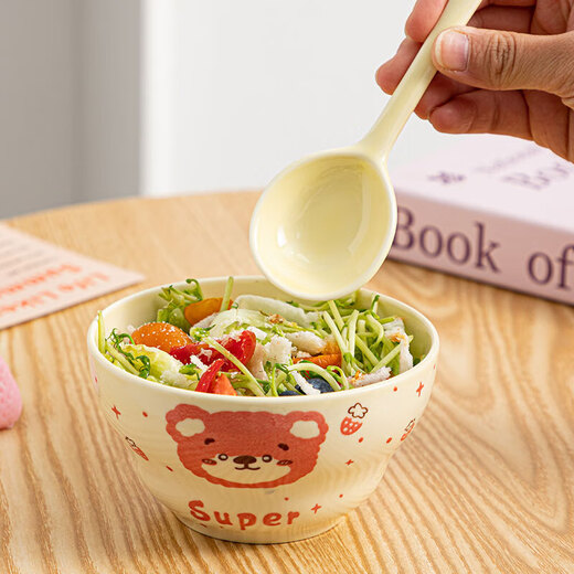 Cute gourd ceramic household cream rice bowl girl heart net salad cartoon hand-painted high-value heart bowl large capacity honey bear one bowl one spoon (2 colors random)