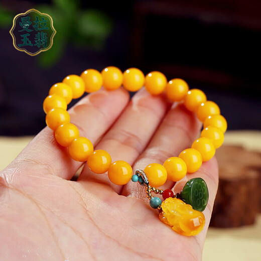 Manla Jade Natural Beeswax Bracelet Female Chicken Oil Yellow Bracelet Old Honey Amber DIY Small Pixiu Jade Beads 9mm Beeswax Beads 8mm 21pcs