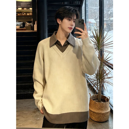 NYING fake two-piece Henry collar sweater for men in autumn and winter new trendy brand lapel sweater thickened warm inner base layer black XL (125-140Jin Jin equals 0.5kg)