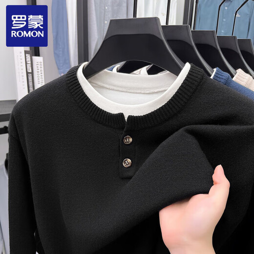 ROMON casual henley collar long-sleeved fake two-piece sweater for men 2025 autumn new fashion versatile crew neck sweater gray one size 48