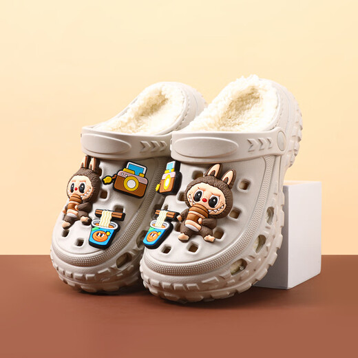 GOYN拉布布冬季加绒新款男童棉鞋居家室内防滑软底男孩宝宝儿童洞洞鞋 卡其色 24 _25