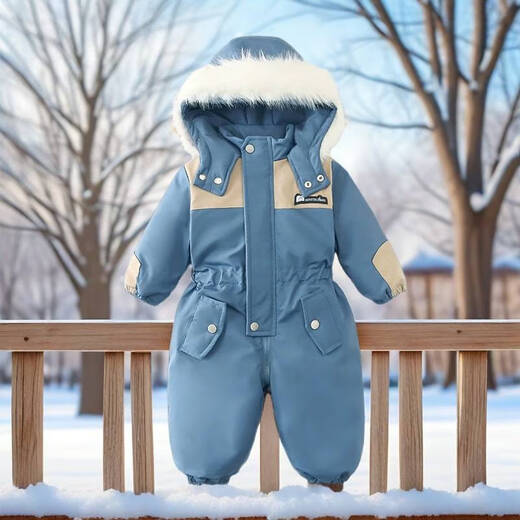 Disney (Disney) children's velvet thickened jumpsuit winter new double zipper ski suit jumpsuit baby crawling suit harem fashion color matching fog blue 110cm 110