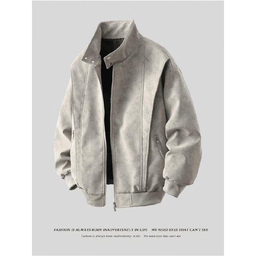Liser唐团夹克男女款春秋季美式覆古棒球领休闲宽松美拉德水洗皮衣港风 灰色 L