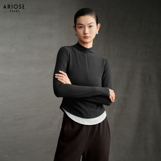 Enos Yashi Shopping Mall Same Style 2025 Winter New Versatile Slim Waist Stitching Stand Collar Sweater Women 41016008 Smoke Gray L