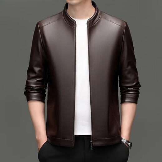 Lilang Lilang Men's Sheepskin Leather Clothing Autumn and Winter New Stand Collar Business Casual Young and Middle-aged Men's Leather Jackets Men's Khaki Plus (Winter Extra) M 170 (100-120Jin Jin is equal to 0.5 kg)