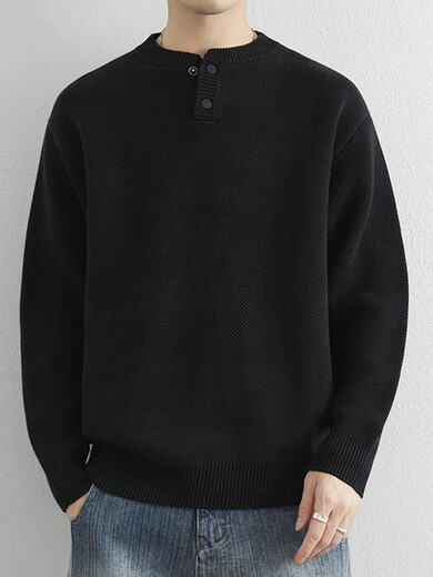 Simple Henry collar sweater for men in autumn and winter solid color old money style loose sweater, retro versatile thickened top, navy blue M100-115Jin Jin equals 0.5kg, one size fits all