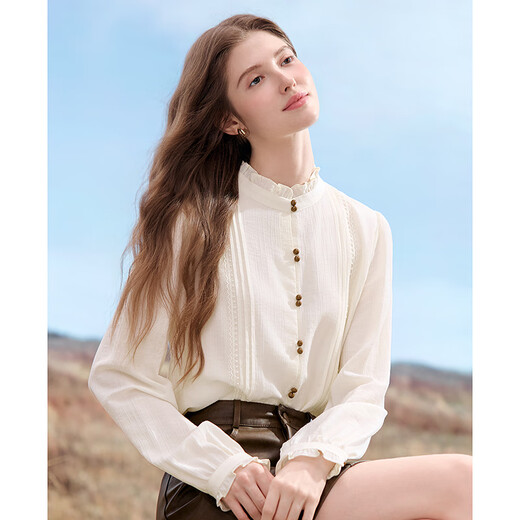 Betu women's 2025 autumn new shirt high-end commuting ruffle collar color-blocked button design top 2509T65