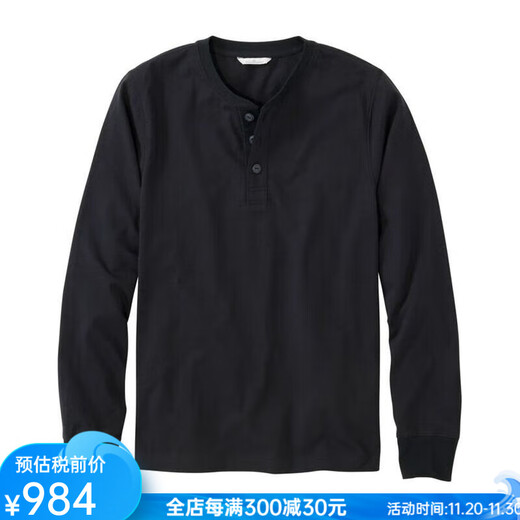 L.L.Bean Men's T-shirt Long Sleeve 25th Autumn New Henley Shirt Fabric Classic Pure Cotton Solid Color Dad Clothes Black Slate Black S Suitable for Net Bust 97-105CM