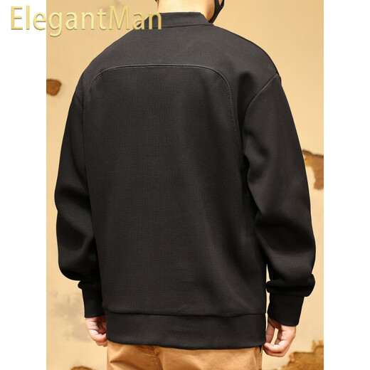 ElegantMan American retro heavyweight sweatshirt men's autumn Henry collar half cardigan coat men's autumn and winter long-sleeved POLO shirt black spring and autumn regular M _ -130Jin Jin equals 0.5 kg