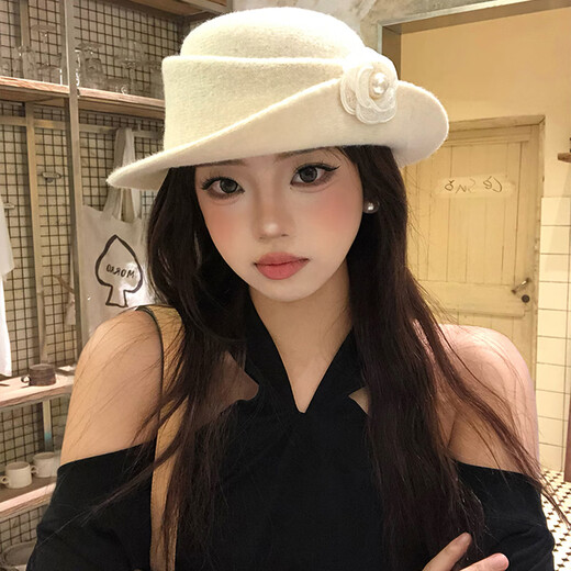 Elegance and French style elegant top hat for women autumn and winter Hepburn style beret retro fashion face-showing small hat fisherman hat top hat pearl flower-white one size