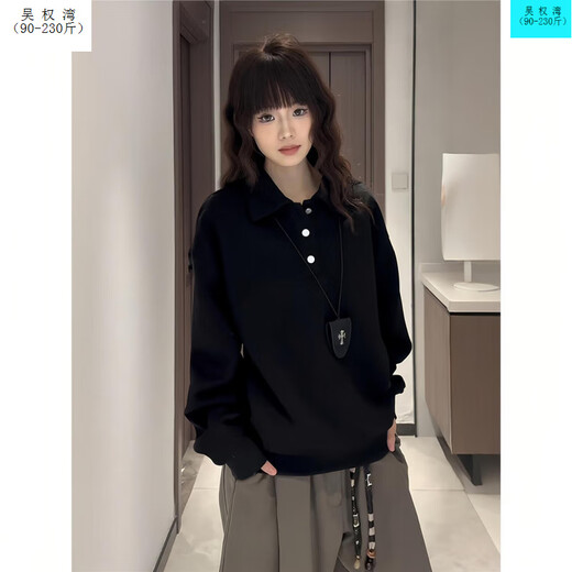 Wu Quanwan cleanfit black henley collar shoulder sweatshirt for men and women, long-sleeved polo shirt, American heavyweight inner layering shirt, black upgraded version black upgraded version M