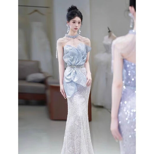 Mermaid evening dress for women 2025 new high-end engagement high-end light luxury niche French wedding toast dress light blue (no necklace) S