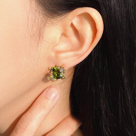 Olive green zircon flower earrings thickly plated 18K real gold s925 silver original light luxury French vine ear clip ear clip style