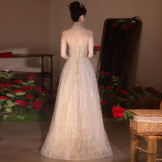 Xiaohanlu halterneck evening dress annual meeting 2025 new light luxury niche temperament banquet host birthday dress champagne color M