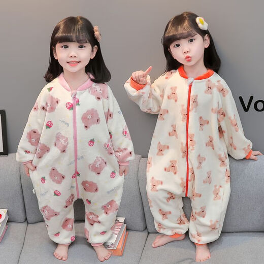 Children's coral velvet one-piece pajamas for autumn and winter girls' flannel sleeping bags for baby girls plus velvet and thickened rompers to keep warm Orange-double layer velvet and thickened 80