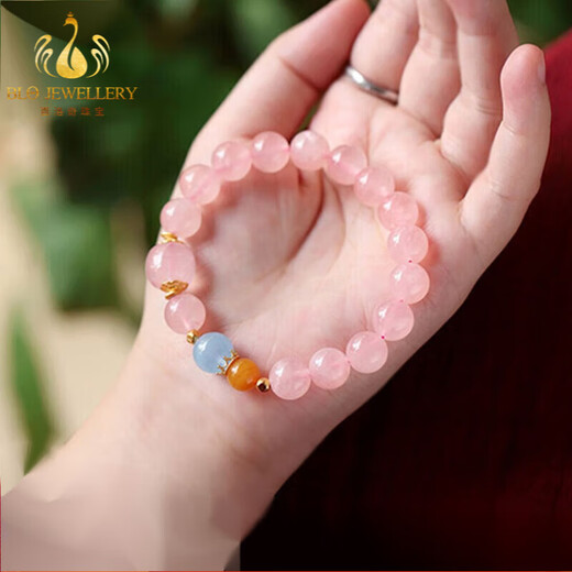 Bailuoqi Pink Crystal Bracelet for Women Madagascar Rose Quartz Beads Pink Hibiscus Stone Bracelet for Peach Blossom Gifts Bead Diameter 6mm