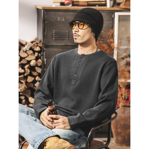 Mao Rong Warm Autumn American Revival Old Money Henry Collar Sweater Men's Spring and Autumn New Style Knitted Sweater Top Loose Lazy Style Wool Blue Gray S_Suitable for 90-110Jin Jin is equal to 0.5 kg