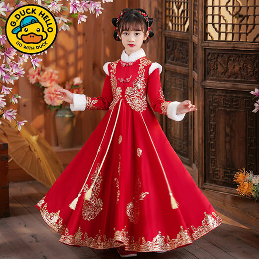 G.DUCKKIDS Girls Winter Dress New Year Clothes Children Autumn Winter Skirt Red Dress 2025 New Hanfu New Year Clothes A2355 Plus Velvet + Hairpin 110 cm