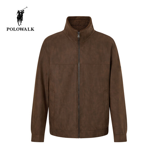 POLOWALK men's leather jacket 2025 winter new men's retro style simple stand-up collar plus velvet leather jacket brown coffee M