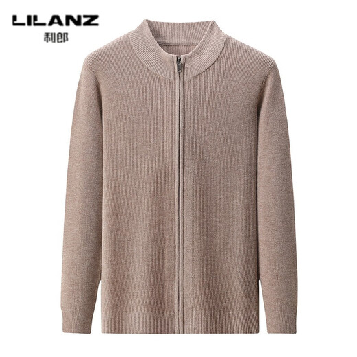 Lilang full zipper long sleeves thickened superfine merino wool 100% autumn and winter men's knitted fashionable stand collar open camel thickened 14XL (110)
