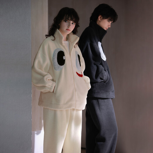 Princess Mark High Collar Zipper Couple Pajamas for Women Autumn and Winter Cute Funny Coral Velvet Wearable Home Clothes for Men QHR06132-Sparkling Eyes Couple Women's L