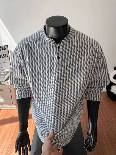 Yingtang herringbone pattern long-sleeved T-shirt for men spring and autumn new Henry collar bottoming shirt loose casual top for men YZXS-CT04 white M