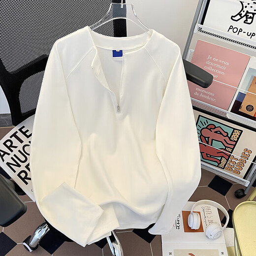 Jingyan Selects Spring and Autumn Henley Collar Sweatshirt Men's Loose Half-Zip Long Sleeve T-Shirt Trbottomyy American High White One Size M