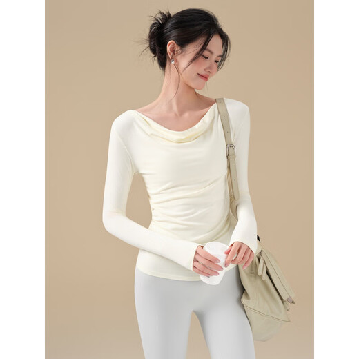 LULU CENTURY high-looking yoga wear top for women in autumn and winter with swing collar sports long-sleeved Pilates training fitness T-shirt beige straight shoulder swing collar / pleated waist S (recommended 80-95Jin Jin equals 0.5kg)