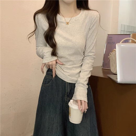 Gray waisted round neck bottoming shirt for women, new autumn and winter slim-fitting long-sleeved T-shirt for women, versatile top layering YRL K705# white gray (solid color) L 95-105Jin Jin is equal to 0.5 kg