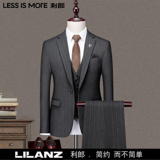 LESS IS MORE Lilang three-piece suit suit men's striped business formal wear Korean style trendy slim and handsome groom wedding dress official flagship black counter genuine M