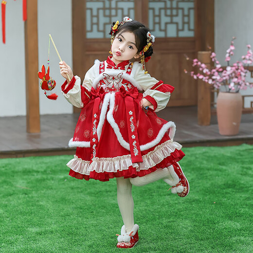 G.duck brand children's clothing Lolita princess dress girls winter thickened warm dress children's velvet Hanfu New Year's dress red 110 cm