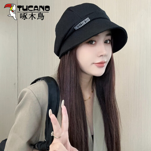 Woodpecker (TUCANO) duck tongue hat for women spring and summer new three-in-one all-match big head fisherman hat pleated pile with face small basin hat black duck tongue pile hat (54-59cm) adjustable