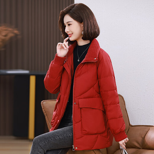 LISM shopping mall same style high-end down jacket white duck down jacket women stand collar hoodless loose large size medium mother white red 2XL XXL suitable for weight 146b