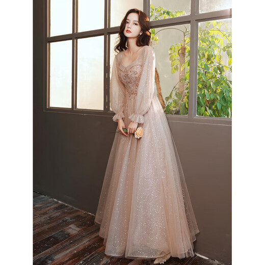 Chuangjingyi selects winter adult ceremony skirt evening dress for women 2025 new spring long-sleeved lady banquet temperament niche host strap long style_608 khaki XS